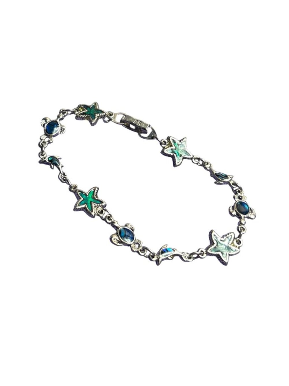SJ Signed Abalone Shell Bracelet Silvertone Sea Turtles Starfish Dolphins 7.25"